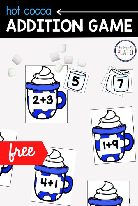 Hot Chocolate Math Activities, Addition To 5 Kindergarten, Christmas Addition Kindergarten, Winter Math Kindergarten, Addition Fluency, Free Math Centers, January Math, Winter Math Activities, Playdough To Plato