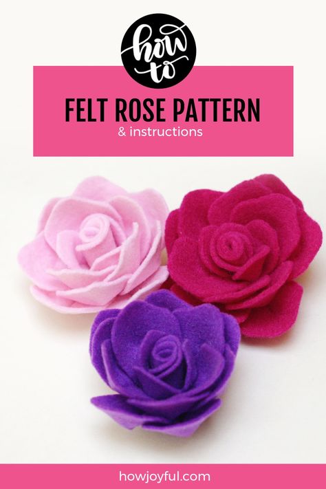 Learn how to make a rose out of felt with @howjoyful's FREE pattern Felt Flower Svg File Free, Felt Rose Tutorial, How To Make Felt Roses, Free Felt Flower Patterns, Felt Flower Patterns Free, Felt Rose Pattern, Felt Flower Pattern, Satin Stitch Flower, Felted Accessories