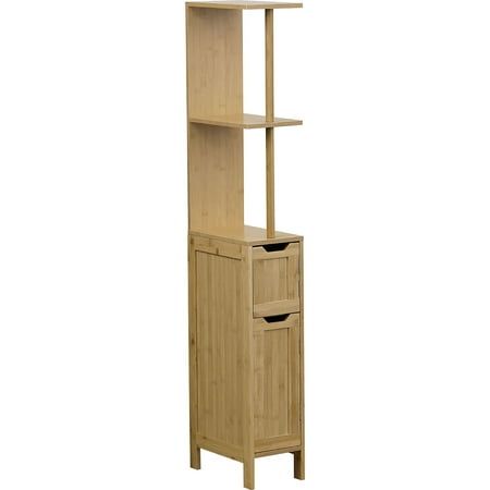 Are you struggling to find an elegant storage solution for your bathroom? Look no further than our MAHE slim storage cabinet in bamboo and wood. With a small footprint, this freestanding linen tower is the perfect space-saving organizer for your bathroom. Measuring at a compact size of 51.4inchH x 12inchW x 7.2inchL, it's ideal for those with limited space or a minimalist design. Featuring a tall storage tower with a 2-tier shelf, this cabinet offers ample space for all your bathroom essentials,