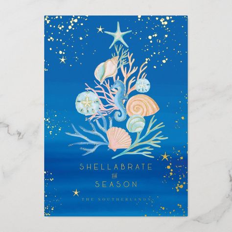 Blue Ombre Background, Seashell Christmas Tree, Sand Snowman, Beach Christmas Card, Peach Shades, Seashell Christmas, Snowman Christmas Cards, Mermaid Christmas, Tropical Christmas