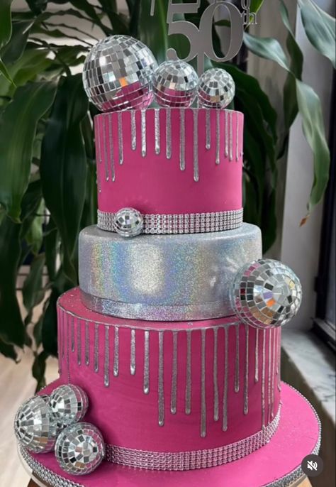 Barbie Cake Sweet 16, Sweet 16 Barbie Cake, Hot Pink Disco Cake, Pink Disco Party Cake, Pink Disco Birthday Cake, Disco Candy Bar, Disco Barbie Cake, 35th Birthday Themes For Women, Disco Sweet 16 Party