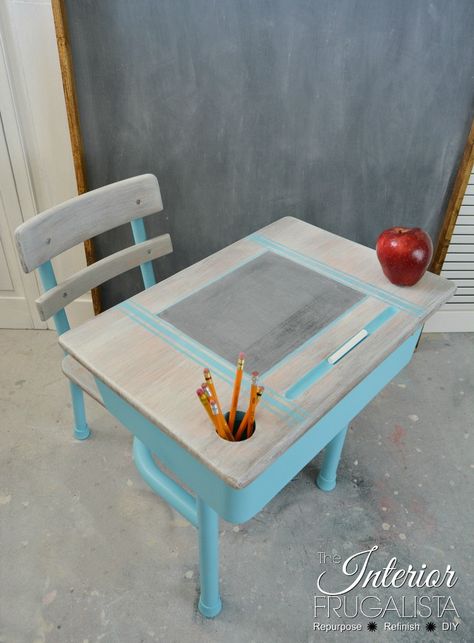 Vintage Metal Classroom Desk Makeover - Interior Frugalista School Desk Makeover Diy, School Desk Ideas, Painted Desk Ideas, Preschool Desk, Painted School Desks, Desk Makeover Ideas, School Desk Makeover, Metal Desk Makeover, Refinished Desk