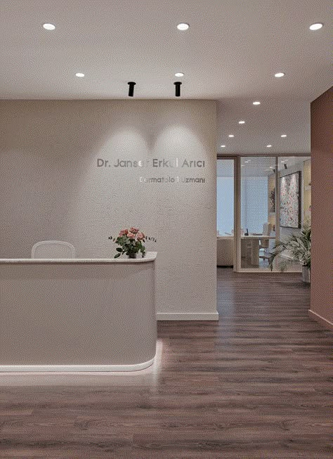 Medical Clinic Interior Design Waiting Area, Doctors Reception Area, Reception Doctor Office, Dental Office Decor Ideas Waiting Area, Dental Office Lobby, Dermatologist Clinic Interior Design, Small Lobby Design Waiting Area, Skin Clinic Reception, Small Office Reception Area Waiting Rooms Interior Design