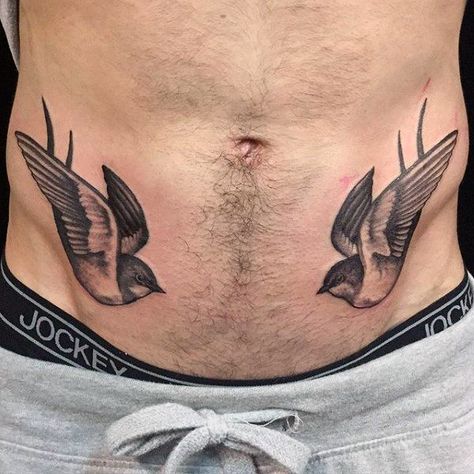 Sparrow Tattoos for Men - Ideas and Inspiration for Guys #TattooIdeasForGuys Tattoos Torso, Sparrow Tattoos, Pelvic Tattoos, Sparrow Tattoo Design, Abdomen Tattoo, Swallow Tattoo Design, Bird Tattoo Men, Sparrow Tattoo, Torso Tattoos