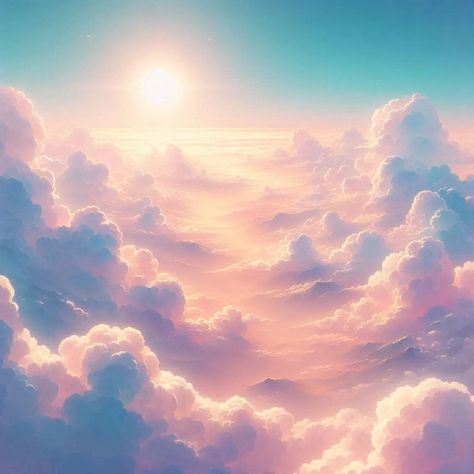 "Lost among the clouds, I found eternity."_ ☁️✨ 📸 Golden Horizon Above the Clouds . . . . In the quiet hours between day and night, when the sun dips below the horizon, the sky transforms into a canvas of warm hues. On this particular evening, the world held its breath as the clouds gathered, their edges aglow with the last remnants of daylight. The artist of the heavens brushed strokes of pink, orange, and blue across the expanse, creating a breathtaking panorama. Fluffy cumulus cloud... Sun Blue Sky, Fluffy Clouds Drawing, Fantasy Sky Art, Sky Fantasy Art, Sky Above Clouds, Fantasy Clouds, City In The Clouds, Cloud World, Fantasy Sky