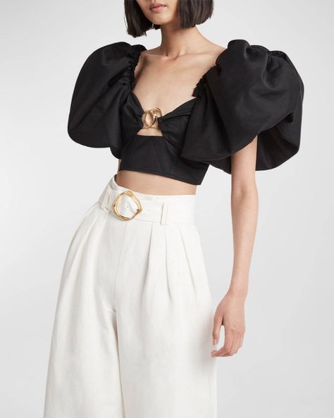 Sculptural Rings, Cotton Poplin Top, Feminine Top, Poplin Top, Bustier Top, Puff Sleeve Top, Button Placket, Sweetheart Neckline, Puff Sleeves