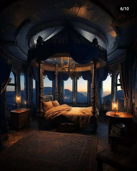 Dark Fantasy Bedroom, Forest Bedroom Aesthetic, Ravenclaw Bedroom, Witchcore Bedroom, Ravenclaw Room, Bedroom Aesthetic Dark, Hogwarts Room, Ravenclaw Common Room, Tattoo Modern