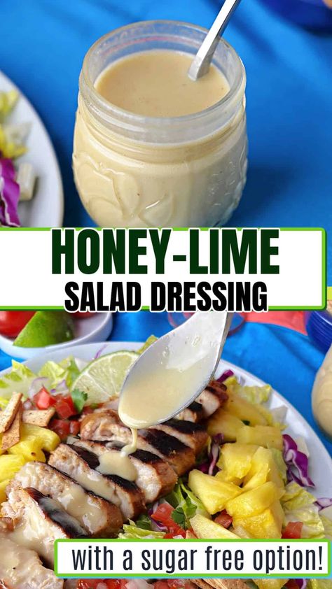 This dressing adds a lovely zip to your salads: sweet and tangy, the taste of honey and lime in every bite! Honey Lime Salad Dressing, Sugar Free Salad Dressing, Sugar Free Dressing, Homemade Dressing Recipe, Lime Salad Dressing, Diy Salad, Lime Salad, Sugar Free Honey, Honey Lime Dressing