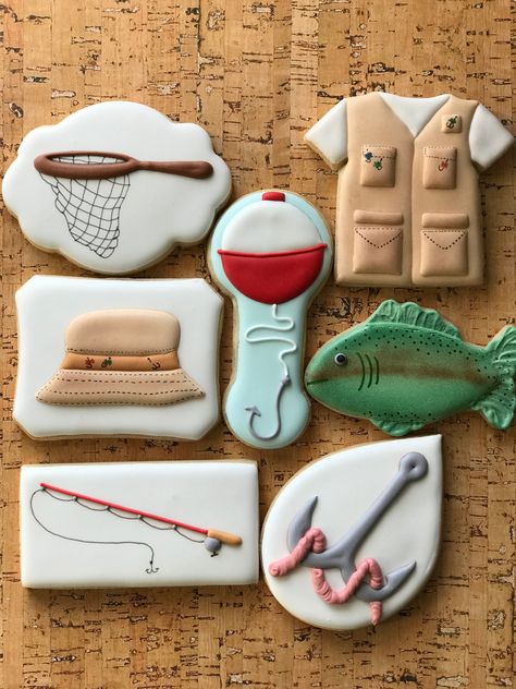 Gone Fishing Cookies Decorated, Fishing Theme Cookies Decorated, Fishing Cookies Royal Icing, Lake Cookie Ideas, Lake Decorated Cookies, Fishing Cookies Decorated, Fish Cookies Decorated, Cabin Cookies, Fish Sugar Cookies