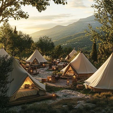 🏕️✨ Escape to a Luxurious Glamping Oasis✨🌅 Imagine yourself in a beautiful natural haven, surrounded by cozy bell tents and elegant safari-style tents, each uniquely designed for comfort and style. With mountains in the distance and a golden sunset casting a warm glow, this is the ultimate outdoor retreat. 🌄💫 Every detail has been thoughtfully crafted—from rustic wooden furniture and soft bedding to gentle lighting that brings a sense of tranquility to the scene. It’s the perfect blend of l... Glamping Tent Set Up, Glamping Tents Ideas, Glamping Honeymoon, Camping Shelter Ideas, Luxury Campsite, Juice Counter, Camping Retreat, Camping Landscape, Glamping Luxury