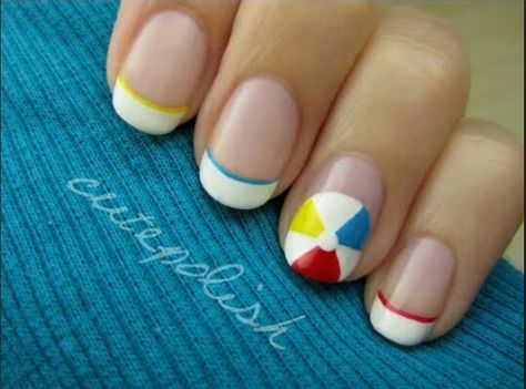 Beach ball nails Beach Ball Nails, Volleyball Nail Art, Ball Nails, Nail Art Cute, Beach Nail Art, Beach Nail Designs, Fun Summer Nails, Summer Nails Beach, New Nail Designs