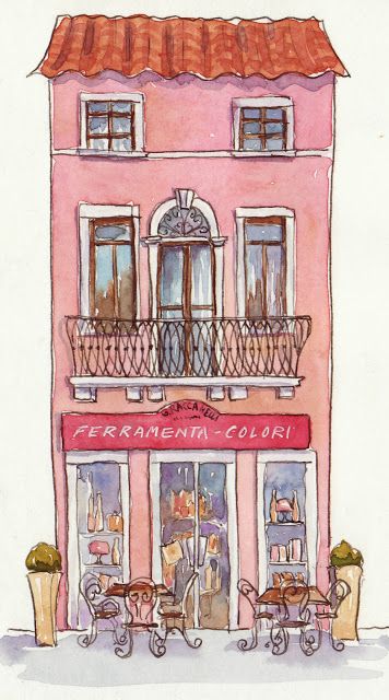 Everyday Artist: Sketchbook Journeys: Italy - Day 3 (Sandrigo) Italy Sketches, Building Drawing, Watercolor Architecture, Building Illustration, Shop Illustration, Artist Sketchbook, House Illustration, Artist Blog, Cat Air