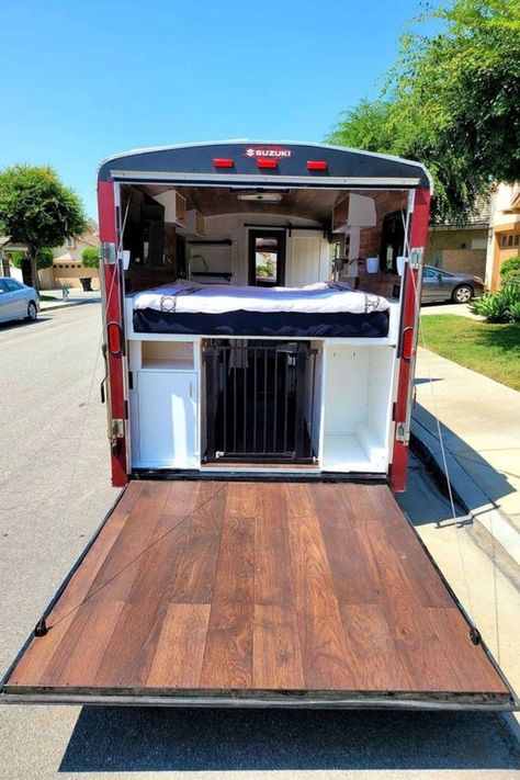 Begin tiny living in this converted utility trailer that is made for stealth camping or stealth tiny living in comfort! A unique hand crafted tiny home like this is a studio style with small kitchenette and bathroom alongside the elevated bed and simple seating. Diy Campers From Utility Trailer, Small Trailer Living, Stealth Camper Trailer, Cargo Conversion Campers, Utility Trailer Camper Conversion, Trailer Converted To Camper, Diy Cargo Trailer, Small Enclosed Trailer, Converted Cargo Trailer