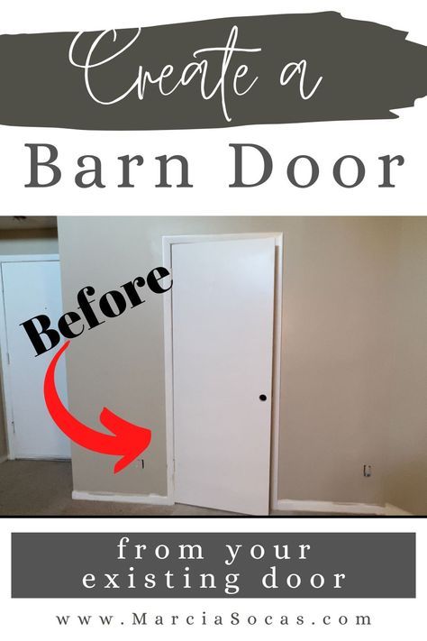 Transform your plain interior slab door into a beautiful barn door in just one day. Step-by-step written and video instructions Half And Half Barn Door, How To Make A Plain Door Look Better, Interior Door To Barn Door, Convert Regular Door To Barn Door, Hollow Core Door To Barn Door, How To Make A Barn Door, Updating Interior Doors Diy, Bifold Door Makeover Diy, Faux Barn Door