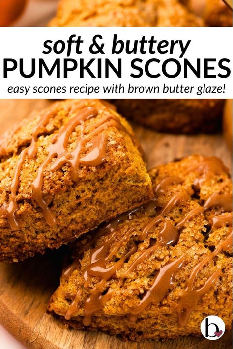 Pumpkin scones with buttery glaze arranged on a wood cutting board. Pumpkin Ginger Scones Recipe, Small Batch Scones Recipe, Small Batch Pumpkin Muffins, Pure Pumpkin Recipes Easy, Pumkin Scones, Ginger Scones Recipe, Pumpkin Spice Scones, Brown Butter Glaze, Pumpkin Scones Recipe