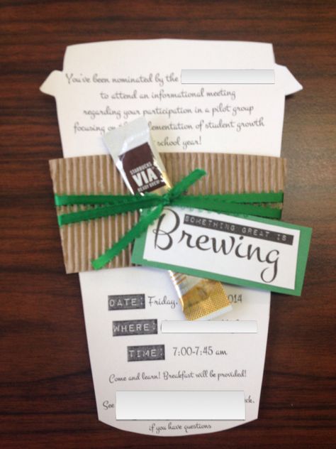 "Something great is BREWING" invitation. Good theme for any event. This was for a breakfast meeting. Get coffee sleeve from coffee shop and turn inside out; cut coffee template to fit in the sleeve. Coffee Theme Decorations, Coffee Themed Party Decorations, Coffee Invitation, Coffee Themed Party, Starbucks Birthday Party, Coffee Baby Shower, Coffee Bridal Shower, Coffee Event, Coffee Template