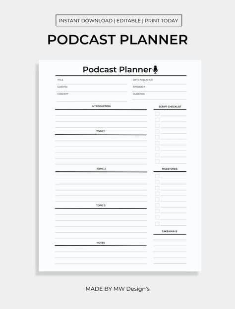 Podcast Notes Template, Podcast Outline Template Free, Podcast At Home Set Up, Podcast Guidelines, Podcast Must Haves, Podcast Planning Template Free, Podcast Planner Printable Free, Podcasting For Beginners, Free Podcast Planner