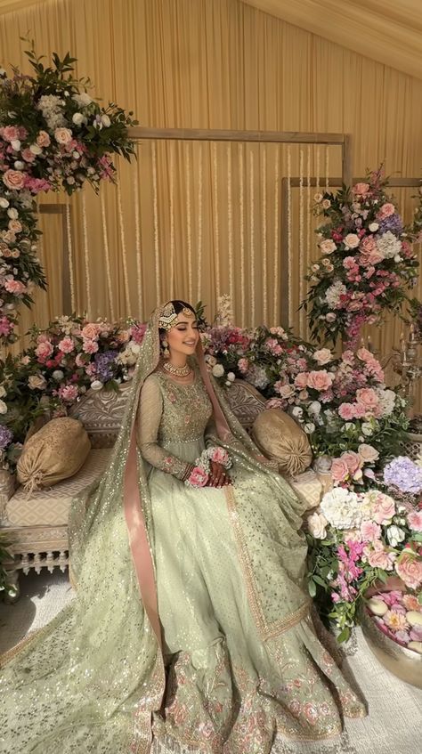 Light Green Pakistani Bridal Dress, Pastel Pakistani Dress, Walima Outfits For Bride, Pakistani Wedding Photos, Pakistani Engagement Dresses For Bride, Bridal Shower Pakistani, Pink Nikkah Dress, Pakistani Nikah Outfit, Walima Couple Dressing