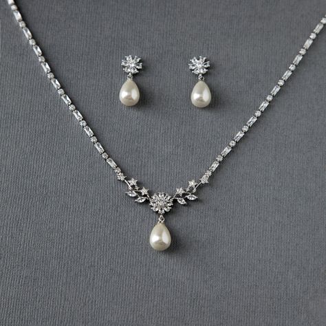 Jewelry for Weddings | Bridal Jewelry Sets | CZ Jewelry - Cassandra Lynne Pearl Earrings Necklace Set, Simple Bride Jewelry, Wedding Jewelry Ideas For Bride Silver, Simple Pearl Jewelry, Gold Jewelry Sets Bridal, Bride Jewelry Ideas, Wedding Necklaces For Bride, Pearl Necklace Bride, Bridal Jewelry Ideas