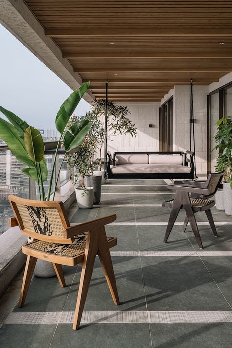 Minimal And Soulful, The Kanso House In Mumbai Is Anchored By Its Unpretentious Style - Design Pataki Purple Backyard, Mumbai Apartment, House In Mumbai, Vastu House, Balcony Grill, Stem Design, Japanese Philosophy, Cool Color Palette, Balcony Plants