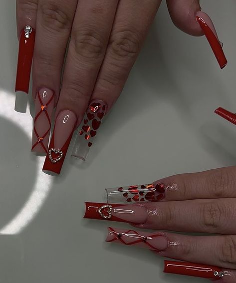 Valentines Nail, Vday Nails, Red Acrylic Nails, Nail Designs Valentines, Nails Design With Rhinestones, Cute Acrylic Nail Designs, Dope Nail Designs, Long Square Acrylic Nails, Unique Acrylic Nails