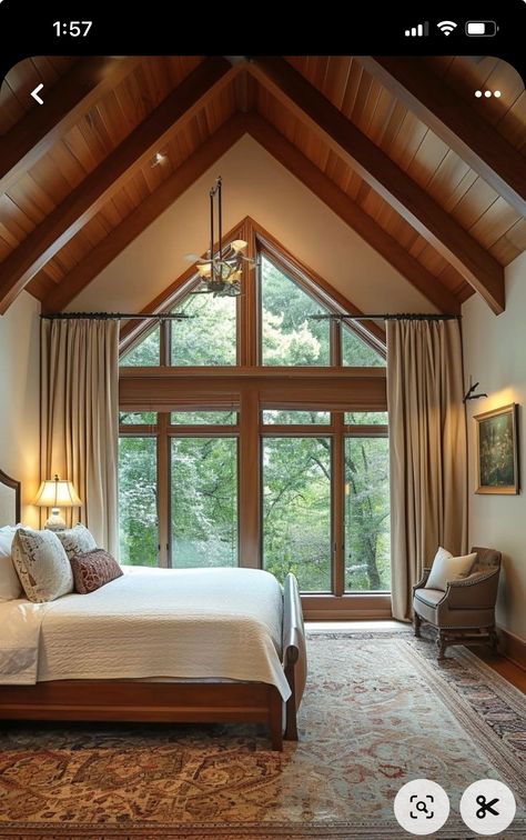 Wooden Vaulted Ceiling, Vaulted Ceiling Bedroom Master Suite, Bedroom Mezzanine, Vaulted Ceiling Bedroom, Vaulted Ceiling Ideas, Owners Suite, Bedroom Addition, Ceiling Trim, Window Covering