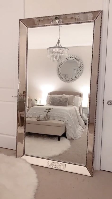 Massive Mirror Bedroom, Big Wall Mirror In Bedroom, Diy Floor Length Mirror, Big Mirror In Bedroom, Big Wall Mirror, Full Size Mirror, Mirror Bedroom Decor, Glam Bedroom Decor, Big Wall Mirrors