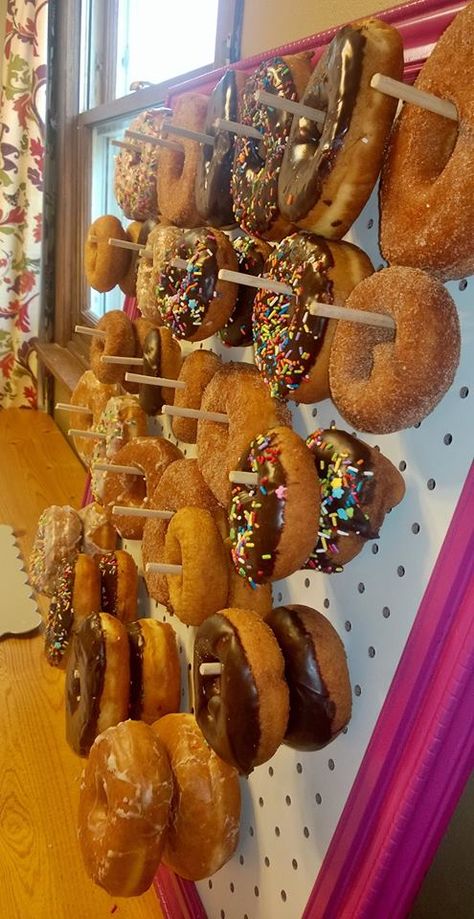 Hanging Donut Display. Donut Hanging Display, Framed Pegboard, Donut Walls, Wedding Food Display, Bnai Mitzvah, Donut Display, Bar Mitzva, Bat Mitzvah Party, Donut Bar