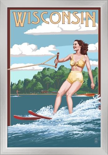 Wisconsin - Water Skier & Lake - Lantern Press Artwork (16x24 Giclee Art Print, Gallery Framed, Silver Wood), Multi Publicidad Creativa, Lake Art, Posters For Sale, Stock Art, Modern Photography, Water Skiing, Antique Maps, Art Ink, Mississippi