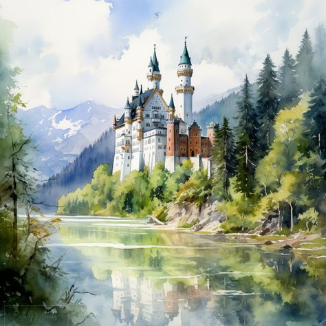 Neuschwanstein Castle Painting, Bavarian Countryside, Palace Painting, Watercolor Castle, Majestic Castle, Castle Painting, Travel Art Journal, Neuschwanstein Castle, Watercolor Mountains