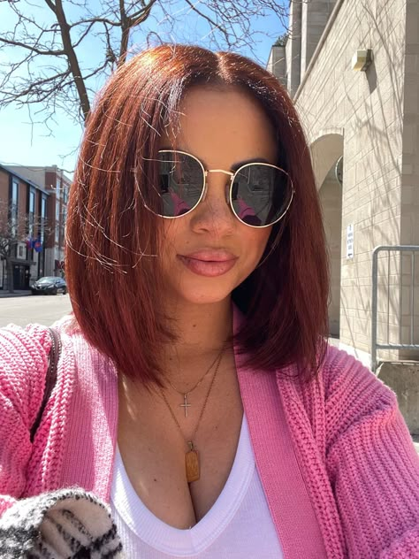 Auburn Hair Color On Black Women Bob, Reddish Brown Bob Black Women, Short Auburn Hair Black Women, Copper Hair Bob Haircut, Cooper Bob Hair, Brown Copper Short Hair, Dark Ginger Bob, Fall Hair Color For Short Hair, Auburn Bob Black Women