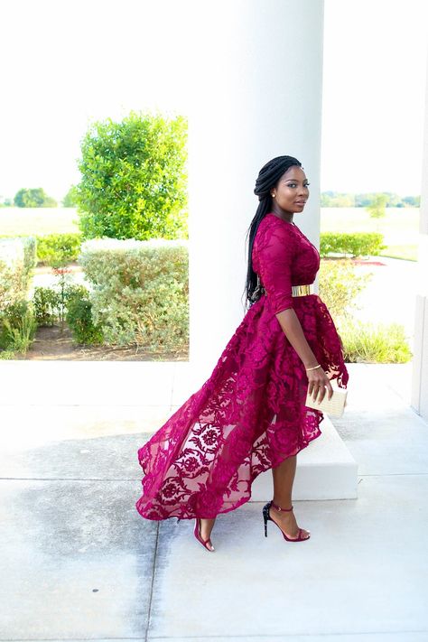 Burgundy Lace Asymmetrical Dress Asymmetrical Dress Outfit, African Dresses Modern, Lace Dress Styles, Lace Styles, Burgundy Lace, Wedding Fabric, Short Dresses Casual, Ankara Styles, Guest Outfit