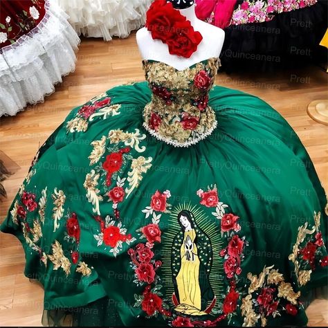 Smarter Shopping, Better Living! Aliexpress.com Quinceanera Dresses Mexican Green, Virgencita Quince Dress, 15 Dresses Quinceanera Charro, Guadalupe Quince Dress, Mexican Quince Dress, Quince Charro Dresses, Quinceanera Charro, Baddie Core, 15 Birthday Dresses