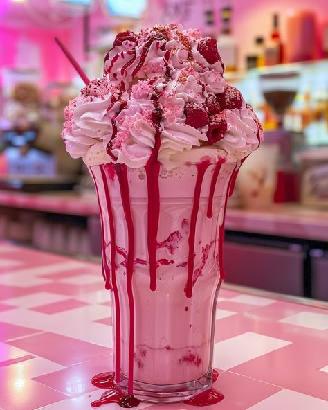 PINK FREAKSHAKES: EXTREME MILKSHAKES 🍧🎀 Ingredients: 4 cups vanilla ice cream 2 cups milk 1/2 cup strawberry syrup or strawberry puree Pink food coloring (optional) Whipped cream, for topping Assorted toppings (e.g., mini marshmallows, sprinkles, candy, cookies) Pink cotton candy (optional, for decoration) Waffle cones or cookies (optional, for garnish) Directions: Step 1: Blend the Milkshake In a blender, combine the vanilla ice cream, milk, strawberry syrup or puree, and... Extreme Milkshakes, Pink Milkshake, Lime Popsicles, Milk Strawberry, Pink Dessert, Ice Cream Pink, Pink Ice Cream, Pink Desserts, Pink Marshmallows