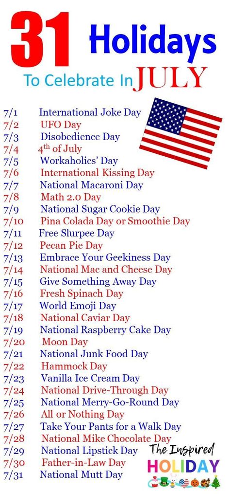 31 Holidays to celebrate in July. Make July even more festive with these wacky and silly holidays. #wackyholidays #julycelebrations #thingstodoinjuly Resident Activities, National Holiday Calendar, Silly Holidays, International Kissing Day, Monthly Celebration, World Emoji Day, Fun Holidays, Wacky Holidays, Hello July