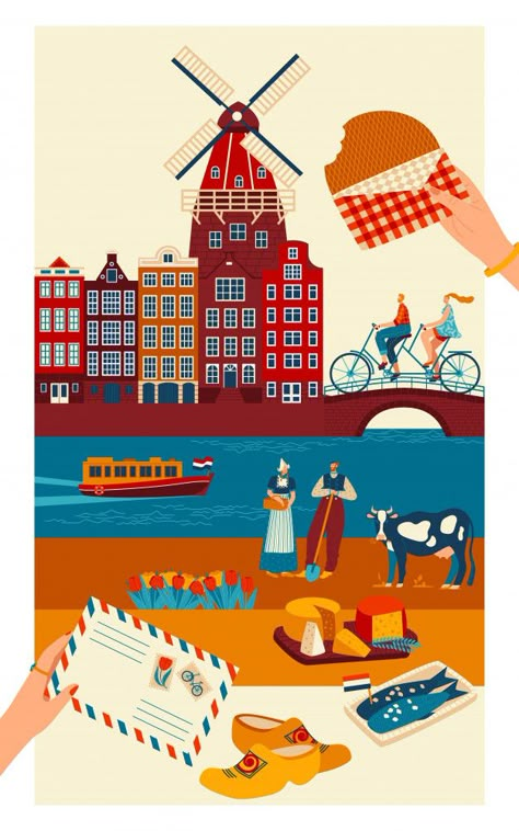 Premium Vector | Netherlands travel postcard, main symbols of dutch culture and sightseeing landmarks, illustration Landmarks Illustration, Dutch Culture, Amsterdam Houses, Holland Netherlands, Infographic Illustration, Travel Postcard, Netherlands Travel, Circus Theme, Amsterdam Netherlands