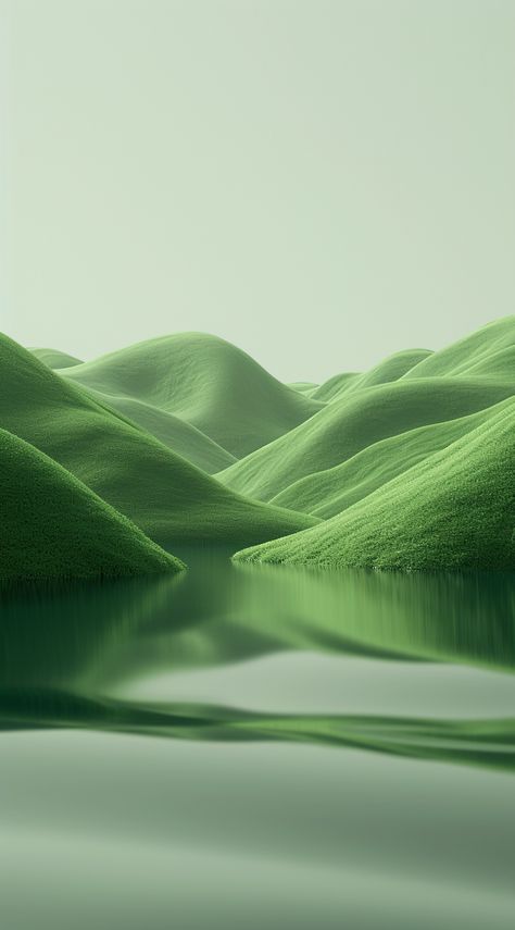 a green lake with hills surrounding it, in the style of futuristic chromatic waves, zen buddhism influence, surreal 3d landscapes, soft and rounded forms, smooth and shiny, streamlined design, nature-inspired imagery --v 6  --stylize 250 Surreal 3d Landscape, Natural Moodboard, Green In Nature, Futuristic Nature, Futuristic Photography, Green Futuristic, Surreal Background, Futuristic Landscape, Surreal Nature