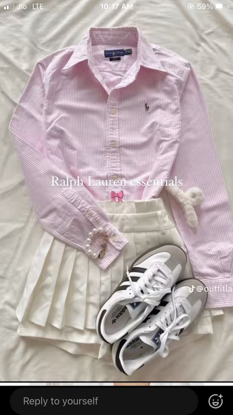 Pink Ralph Lauren Shirt Outfit, Pink Collared Shirt Outfit, Shirt With Tie Outfit, Polo With Skirt, Madrid Outfits, Cute Golf Outfit, Female Clothes Outfits, Ralph Lauren Womens Clothing, Desi Fashion Casual