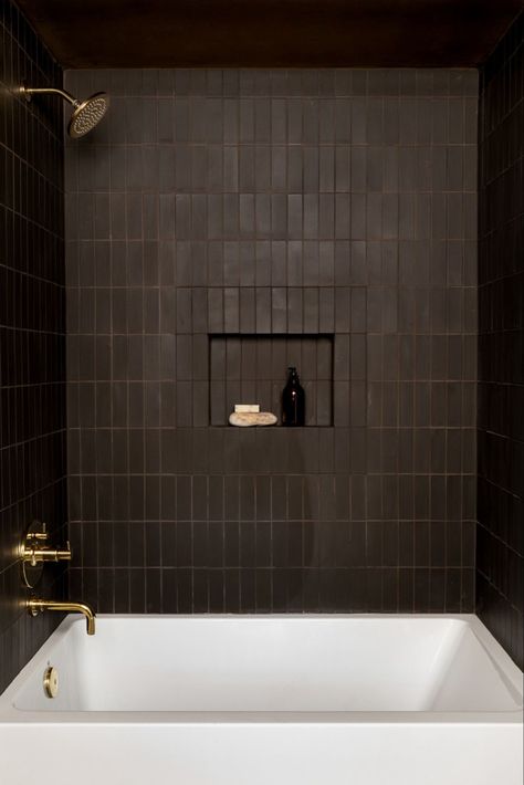 Robert Mckinley, Black Tile Bathrooms, Glam Living Room Decor, Shower Tub Combination, Subway Tiles Bathroom, Glam Living, Glam Living Room, Brown Bathroom, Boys Bathroom