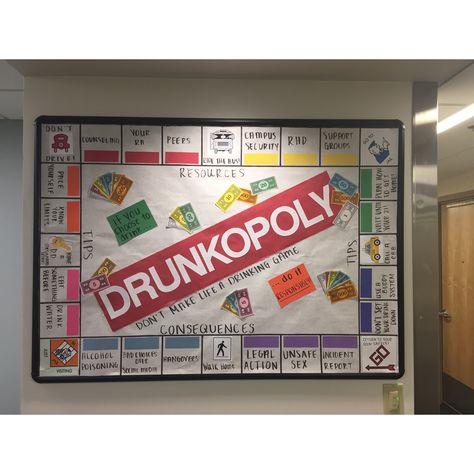 Drunkopoly #RA Alcohol Awareness #ResidentAssitant Alcohol Bulletin Board, Residence Life Bulletin Boards, Door Name Tags, Resident Assistant Door Decs, Ra Programs, Res Life Door Decs, Dorm Bulletin Boards, Res Life Bulletin Boards, Resident Assistant Bulletin Boards