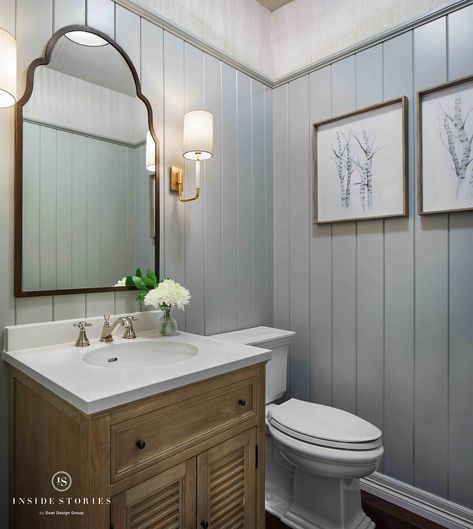 Stratford, Powder Bathroom; modern farmhouse powder bathroom with vertical shiplap #insidestories #interiordesign #powderbathroom #powderbath Beadboard Powder Room, Vertical Shiplap Bathroom, Shiplap Powder Room, Clawfoot Tub Ideas, Bathroom With Wallpaper, Shiplap Bathroom Wall, Farmhouse Powder Room, Vertical Shiplap, Clawfoot Tubs