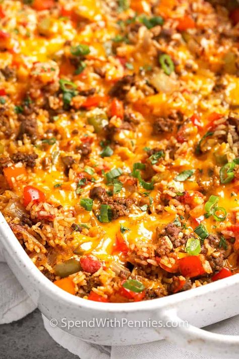 Stuffed Pepper Casserole is a Mexican-inspired dish that's full of flavor! Taco beef, bell peppers, tomatoes, rice & cheese, baked until bubbly! Easy Stuffed Pepper Recipe, Pepper Casserole, Mexican Stuffed Peppers, Easy Stuffed Peppers, Taco Stuffed Peppers, Mexican Casserole Recipe, Stuffed Pepper Casserole, Bell Pepper Recipes, Spend With Pennies