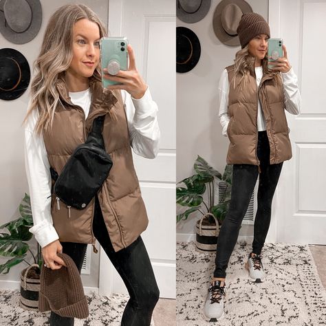 Fall Outfits 2023 New York, Mid Size Puffer Vest, Puffer Vest And Joggers Outfit, Puffer Vest Hiking Outfit, Puffer Vest Athleisure Outfits, Puffer Vest Sweatshirt Outfit, Puffer Vest Outfit Oversized, Large Puffer Vest Outfit, Hoodie Puffer Vest Outfit