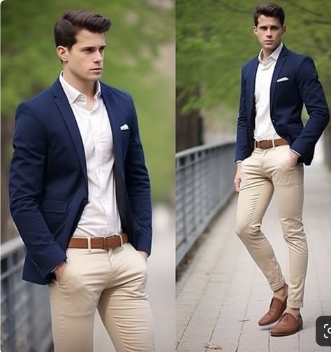 Men Blazer Outfit Formal, Semiformal Outfit Hombre, Outfit Pantalon Beige Hombre, Party Wear Blazers For Men, Mens Blazer Style Fashion Ideas, Spring Formal Outfits, Outfit Pantalon Beige, Chinos And Blazer, Blue Blazer Outfit Men