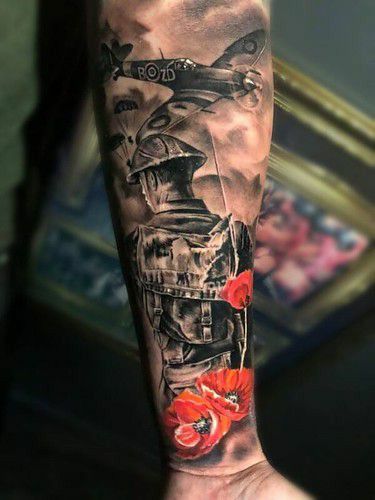 Military Sleeve Tattoo, American Flag Sleeve Tattoo, Memorial Tattoo Designs, Sleeve Tattoos For Guys, Revelation Tattoo, Soldier Tattoo, Patriotic Tattoos, Army Tattoos, Tato Henna