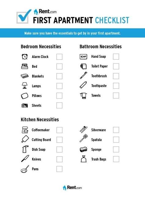 And for having all the necessities when you move in: | 19 Charts That Will Help You Be An Actual Adult Renting Tips, First Apartment Checklist, Apartment Hacks, Apartment Needs, Apartment Checklist, Apartment Goals, Bathroom Necessities, 1st Apartment, Apartment Essentials