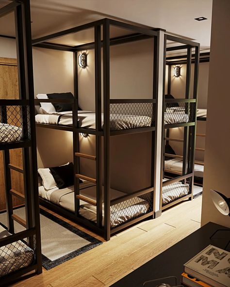 The bunk room in the barndominium, #mancave #mancavedecor Luxury Hostel Bunk Bed, Bunk Room For Adults, 3 Bed One Room, 6 Beds In One Room, Cabin Bunk Room Ideas, Dormitory Room Design, Bunk Bed Rooms For Kids, Diy Triple Bunk Beds, Modern Bunk Room