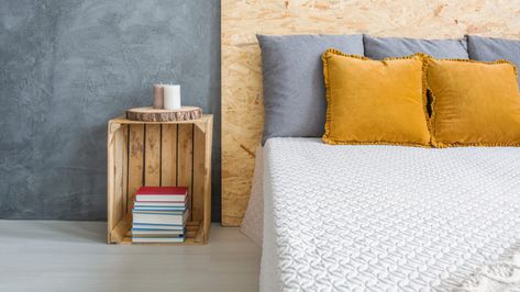 No Side Table? No Problem—Try These 10 Surprising Alternatives Bedroom Alternative, Crate Side Table, How To Make Headboard, Birthday Room Decorations, Diy Side Table, Outdoor Folding Chairs, Side Tables Bedroom, Grey Bedroom, Wood Beds