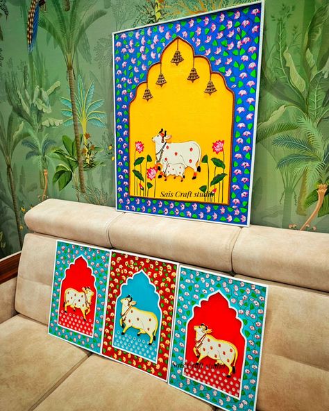 A herd of pichwai cow wall art made on order and dispatched to pune.Its a blend of pichwai and lippan art in vibrant colours. Dm / msg me for orders. #saiscraftstudio #pichwai #pichwaicow #lippanart #jharokha #indianhomedecor #traditionalart #pichwaipainting #art #artwork #handpainted Cow Wall Art, Pichwai Paintings, Yellow Walls, Indian Home Decor, Craft Studio, Traditional Art, Cow, Vibrant Colors, Mural