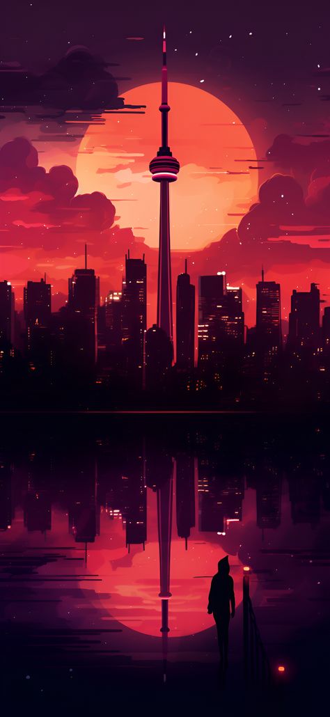 Radiant red aesthetic of the Toronto skyline featuring the CN Tower. Red Landscape Aesthetic, Toronto Aesthetic Wallpaper, Canada Wallpaper Aesthetic, City Landscape Wallpaper, Red Aesthetic Wallpaper Iphone, Toronto Wallpaper, Tall Wallpaper, Gotham City Skyline, City Skyline Wallpaper